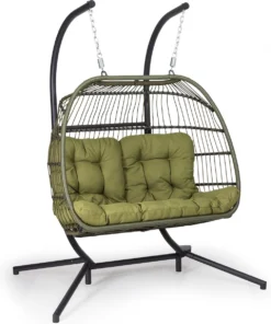 Blumfeldt Biarritz Chaise Suspendue Double Pour L'intérieur Et L'extérieur - Coussins Inclus - Chaise De Jardin Pour Deux Personnes - Support Inclus - Pliable - Aluminium Et Polyester - Vert Foncé -Jardin Meubles Magasin 1002x1200 1