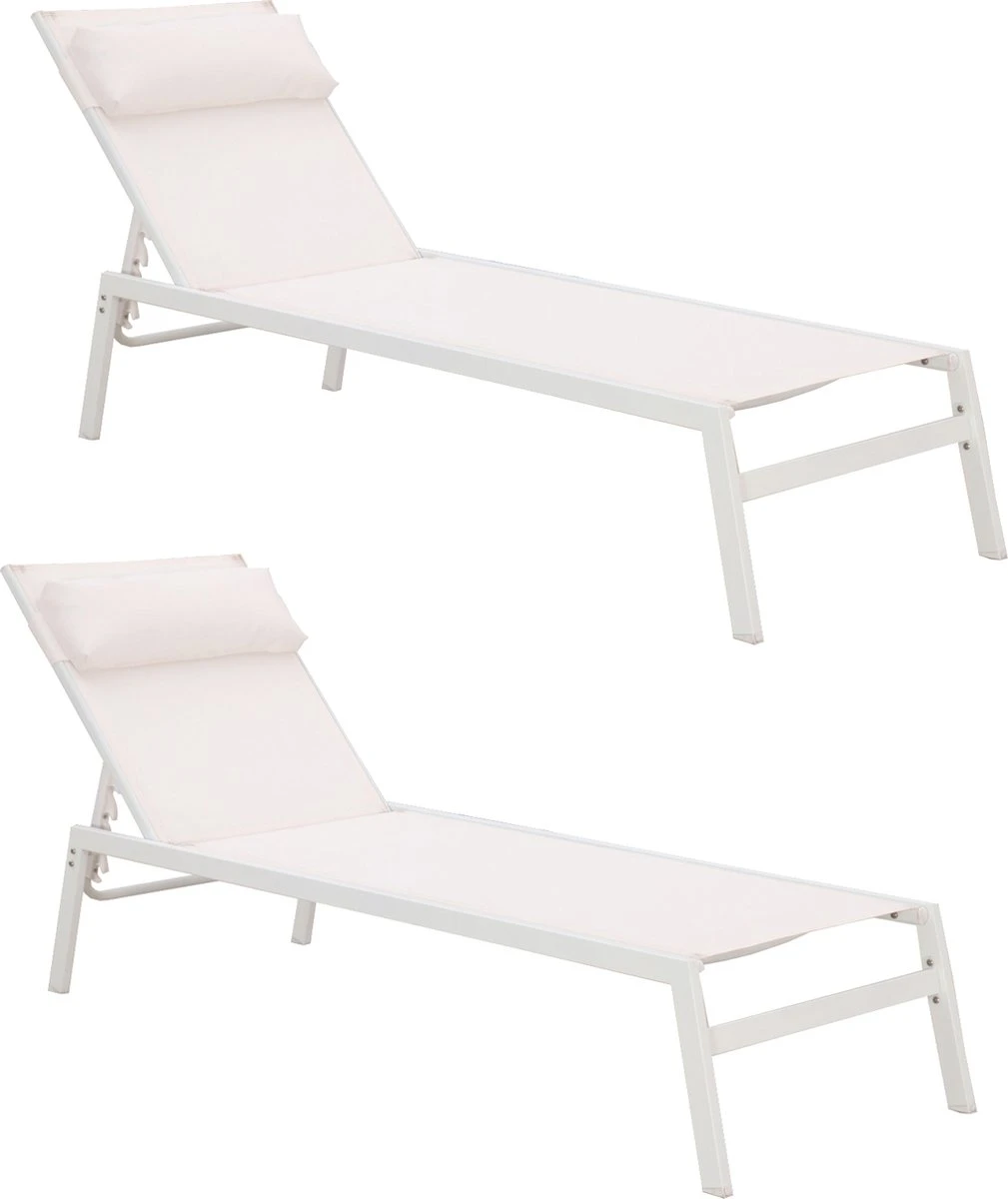 Set - Lot De 2 Bains De Soleil RIBA - 2 Chaises De Jardin - Appui-tête - Charge Jusqu'à 100 Kg - 199x61x32 Cm - Avec Coussins Intégrés - Chaises Chaises Longues Avec Sous-couche - Acier - Textilène - Wit 1 Set - Lot De 2 Bains De Soleil RIBA - 2 Chaises De Jardin - Appui-tête - Charge Jusqu'à 100 Kg - 199x61x32 Cm - Avec Coussins Intégrés - Chaises Chaises Longues Avec Sous-couche - Acier - Textilène - Wit