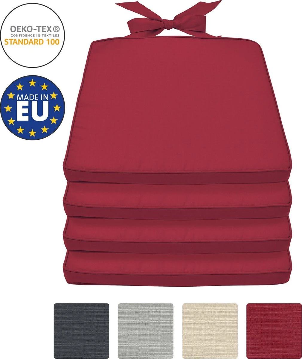 Chaise Beautissu Coussin Set De 4 Coussins D'assise D' Extérieur 45x40x5 Cm - Rouge - Coussin De Siège Avec Le Ruban - Pia 9 Chaise Beautissu Coussin Set De 4 Coussins D'assise D' Extérieur 45x40x5 Cm - Rouge - Coussin De Siège Avec Le Ruban - Pia – Image 9