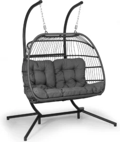 Blumfeldt Biarritz Chaise Suspendue Double Pour L'intérieur Et L'extérieur - Coussins Inclus - Chaise De Jardin Pour Deux Personnes - Support Inclus - Pliable - Aluminium Et Polyester - Grijs