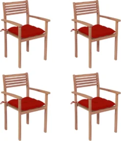 Prolenta Premium - Chaises De Jardin De Jardin 4 Pcs Avec Coussins Rouges En Teck Massif