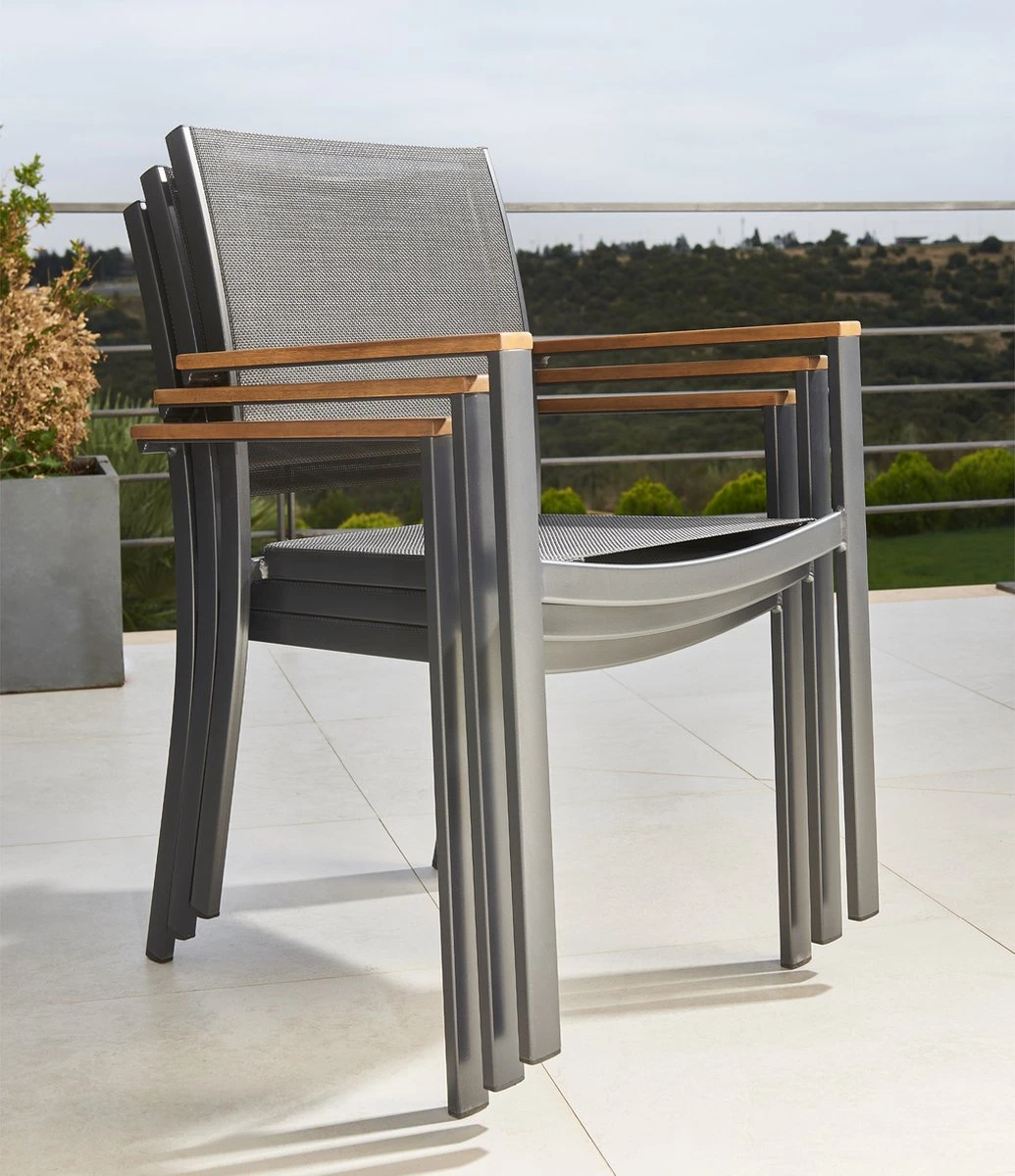 NATERIAL - Set De 4 Chaises De Jardin ORIS Avec Accoudoirs - 4 X Chaises De Jardin - Empilables - Chaises De Terrasse - Chaises De Salle à Manger De Salle à Manger - Aluminium - Textilène - Eucalyptus - Anthracite 6 NATERIAL - Set De 4 Chaises De Jardin ORIS Avec Accoudoirs - 4 X Chaises De Jardin - Empilables - Chaises De Terrasse - Chaises De Salle à Manger De Salle à Manger - Aluminium - Textilène - Eucalyptus - Anthracite – Image 6