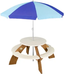 AXI Orion Table Pique Nique Enfant Ronde En Bois Marron & Blanc - Table Picnic Avec Parasol Pour Le Jardin
