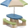 Step2 Naturally Playful Table Picnic Enfant En Vert / Bleu Avec Parasol - Banc Pique Nique Pour Enfants En Plastique