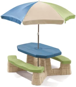 Step2 Naturally Playful Table Picnic Enfant En Vert / Bleu Avec Parasol - Banc Pique Nique Pour Enfants En Plastique