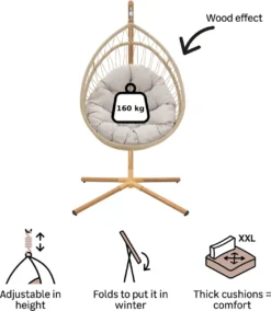 NATERIAL - Fauteuil Suspendu Avec Cadre OVO - Panier Suspendu Pour Intérieur Et Extérieur - 160 Kg MAX - Cadre En Acier - Beige - Anthracite - 125 X 100 X 190 Cm - Panier Siège - Panier Suspendu - Fauteuil Suspendu - Oeuf Suspendu -Jardin Meubles Magasin 1045x1200