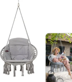 Chaise Suspendue Pour Intérieur Et Extérieur. Avec Oreiller, Porte-gobelet, Compartiment Livre Et Housse De Protection Chaise Suspendue Macramé Basket Pour Adultes Et Enfants. Peut Supporter Jusqu'à 125 Kg. VITA5 (Grijs) -Jardin Meubles Magasin 1053x1200 2
