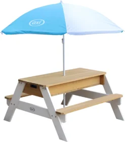 AXI Nick Table Sable Et Eau / Table Pique Nique Marron / Blanc - Table D’eau Avec Couvercle, Boîtes De Rangement & Parasol - Table De Jeu Enfant à Eau Pour Le Jardin