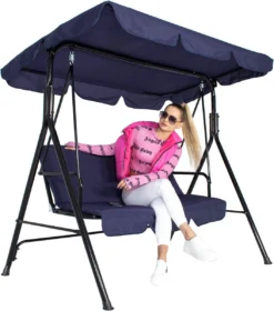 Banc De Balançoire Springos | Luna-Balançoire | 3 Places | Imperméable à L'eau | Comprend 2 Coussins | Auvent Réglable | 170 X 110 X 150 Cm | Bleu Marine -Jardin Meubles Magasin 1060x1200