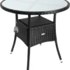 Table En Polyrotin Surface Ronde Ø 80cm Noir Verre Balcon Jardin Table D'appoint Extérieur Table De Jardin Plaque De Table En Verre Espace De Rangement