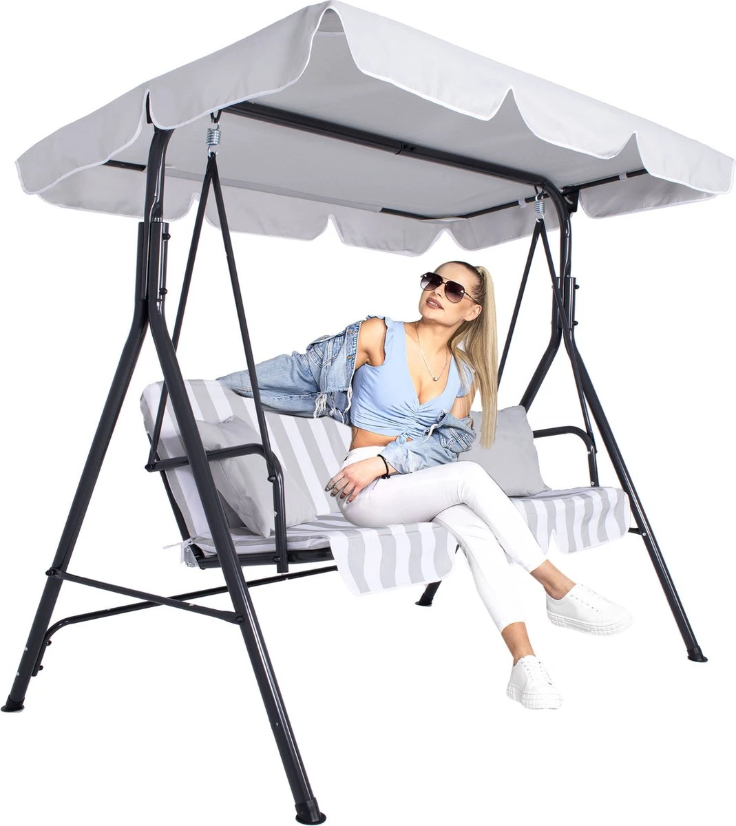 Banc De Balançoire Springos | Luna-Balançoire | 3 Places | Imperméable à L'eau | Comprend 2 Coussins | Auvent Réglable | 170 X 110 X 150 Cm | Rayé Gris Clair 8 Banc De Balançoire Springos | Luna-Balançoire | 3 Places | Imperméable à L'eau | Comprend 2 Coussins | Auvent Réglable | 170 X 110 X 150 Cm | Rayé Gris Clair – Image 8