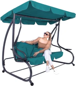 Banc De Balançoire Springos | Venise-Swing | 3 Places | Imperméable à L'eau | Comprend 2 Coussins | Auvent Réglable | 163 X 193 X 120 Cm | Turquoise -Jardin Meubles Magasin 1071x1200