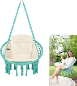 Chaise Suspendue Pour Intérieur Et Extérieur. Avec Oreiller, Porte-gobelet, Compartiment Livre Et Housse De Protection Chaise Suspendue Macramé Basket Pour Adultes Et Enfants. Peut Supporter Jusqu'à 125 Kg. VITA5 (turquoise) -Jardin Meubles Magasin 1074x1200 3