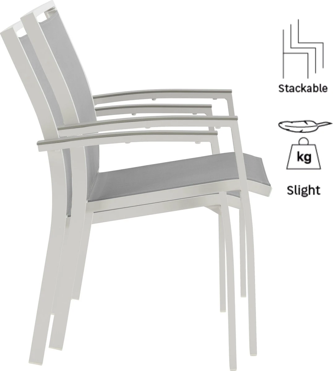 NATERIAL - Set De 6 Chaises De Jardin LAS VEGAS Avec Accoudoirs - 6 Chaises De Jardin - Empilables - Chaises De Terrasse - Chaises De Salle à Manger - Aluminium - Textilène - Grijs - Wit 4 NATERIAL - Set De 6 Chaises De Jardin LAS VEGAS Avec Accoudoirs - 6 Chaises De Jardin - Empilables - Chaises De Terrasse - Chaises De Salle à Manger - Aluminium - Textilène - Grijs - Wit – Image 4