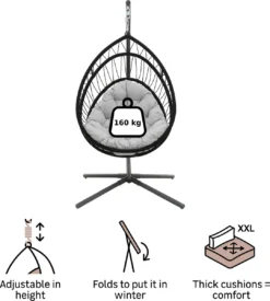 NATERIAL - OVO Fauteuil Suspendu Avec Structure - Panier Suspendu Intérieur Et Outdoor - 160 Kg MAX - Structure En Acier - Gris - Anthracite - 125 X 100 X 190 Cm - Panier Siège - Panier Suspendu - Fauteuil Suspendu - Oeuf Suspendu -Jardin Meubles Magasin 1079x1200