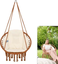 Chaise Suspendue Pour Intérieur Et Extérieur. Avec Oreiller, Porte-gobelet, Compartiment Livre Et Housse De Protection Chaise Suspendue Macramé Basket Pour Adultes Et Enfants. Peut Supporter Jusqu'à 125 Kg. VITA5 (panier Marron / Coussin Beige) -Jardin Meubles Magasin 1080x1200 4