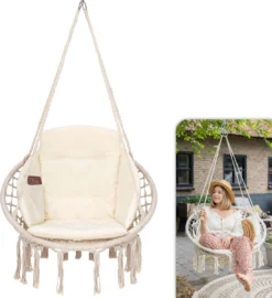 Chaise Suspendue Pour Intérieur Et Extérieur. Avec Oreiller, Porte-gobelet, Compartiment Livre Et Housse De Protection Chaise Suspendue Macramé Basket Pour Adultes Et Enfants. Peut Supporter Jusqu'à 125 Kg. VITA5 (beige) -Jardin Meubles Magasin 1098x1200 1