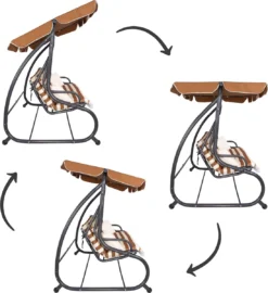 Banc De Balançoire Springos | Luna-Balançoire | 4 Places | Imperméable à L'eau | Comprend 2 Coussins | Auvent Réglable | 230 X 130 X 162 Cm | Marron/ Wit/ Grijs -Jardin Meubles Magasin 1098x1200