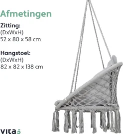 Chaise Suspendue Pour Intérieur Et Extérieur. Avec Oreiller, Porte-gobelet, Compartiment Livre Et Housse De Protection Chaise Suspendue Macramé Basket Pour Adultes Et Enfants. Peut Supporter Jusqu'à 125 Kg. VITA5 (Grijs) -Jardin Meubles Magasin 1099x1200 2