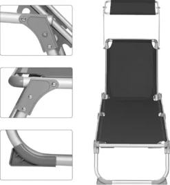Chaise Longue Nancy's Columbine - Chaise Longue De Jardin - Chaise Longue - Toit Ouvrant - Protection Solaire -soleil - Dossier Réglable - Pliable - Zwart - Argent - 55 X 193 X 31 Cm -Jardin Meubles Magasin 1105x1200