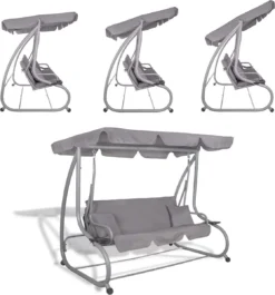 Banc De Balançoire Springos | Venise-Swing | 3 Places | Imperméable à L'eau | Comprend 2 Coussins | Auvent Réglable | 163 X 193 X 120 Cm | Gris -Jardin Meubles Magasin 1118x1200