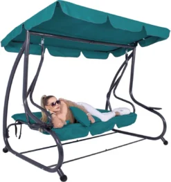 Banc De Balançoire Springos | Venise-Swing | 3 Places | Imperméable à L'eau | Comprend 2 Coussins | Auvent Réglable | 163 X 193 X 120 Cm | Turquoise -Jardin Meubles Magasin 1125x1200 1