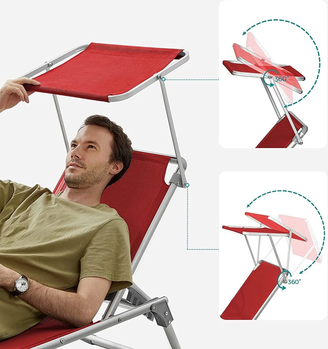 Chaise Longue Avec Toit, Chaise Longue, Chaise Longue De Jardin, Aluminium, Dossier Réglable, Pliable, , Jardin, Balcon, Terrasse, Rouge 3 Chaise Longue Avec Toit, Chaise Longue, Chaise Longue De Jardin, Aluminium, Dossier Réglable, Pliable, , Jardin, Balcon, Terrasse, Rouge – Image 3