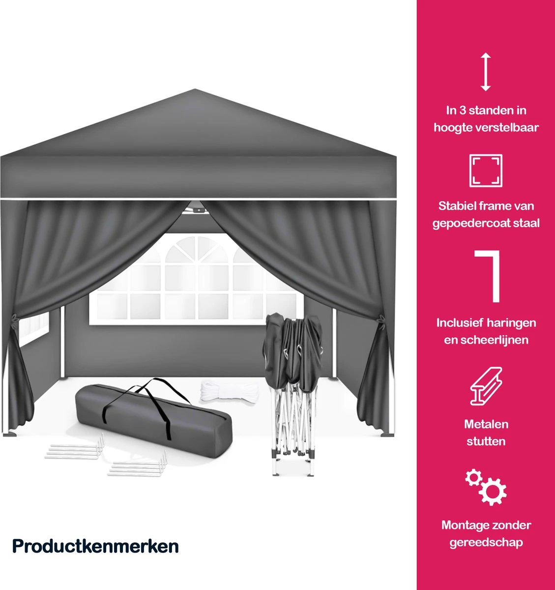 Coazy | Tente De Réception étanche 3x3 Mètres Pliable Avec 4 Parois Latérales | Pavillon Avec 4 Panneaux Latéraux | Facile à Monter | Tente Pop-up Avec Piquets, Corde Et Pieds Antidérapants 9 Coazy | Tente De Réception étanche 3x3 Mètres Pliable Avec 4 Parois Latérales | Pavillon Avec 4 Panneaux Latéraux | Facile à Monter | Tente Pop-up Avec Piquets, Corde Et Pieds Antidérapants – Image 9