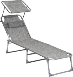 IN.HOMEXL Chaises De Jardin Pliables Lenox - Chaises De Jardin Chaises Longues - Oreiller Et Toit Ouvrant - Dossier Réglable - Métal - 150 Kg Chargeable - Grijs