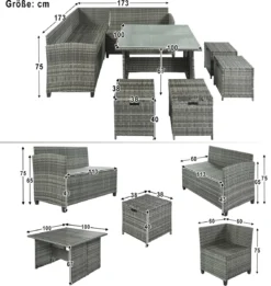 Ensemble De Meubles De Patio-ensemble De Banc De Salle à Manger De Patio 8 Pièces-canapé En Rotin Résistant Aux Intempéries Avec Table à Manger Et Chaise Et 4 Repose-pieds-osier Gris + Coussins Gris -Jardin Meubles Magasin 1137x1200 3