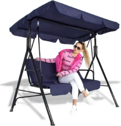 Banc De Balançoire Springos | Luna-Balançoire | 3 Places | Imperméable à L'eau | Comprend 2 Coussins | Auvent Réglable | 170 X 110 X 150 Cm | Bleu Marine -Jardin Meubles Magasin 1158x1200