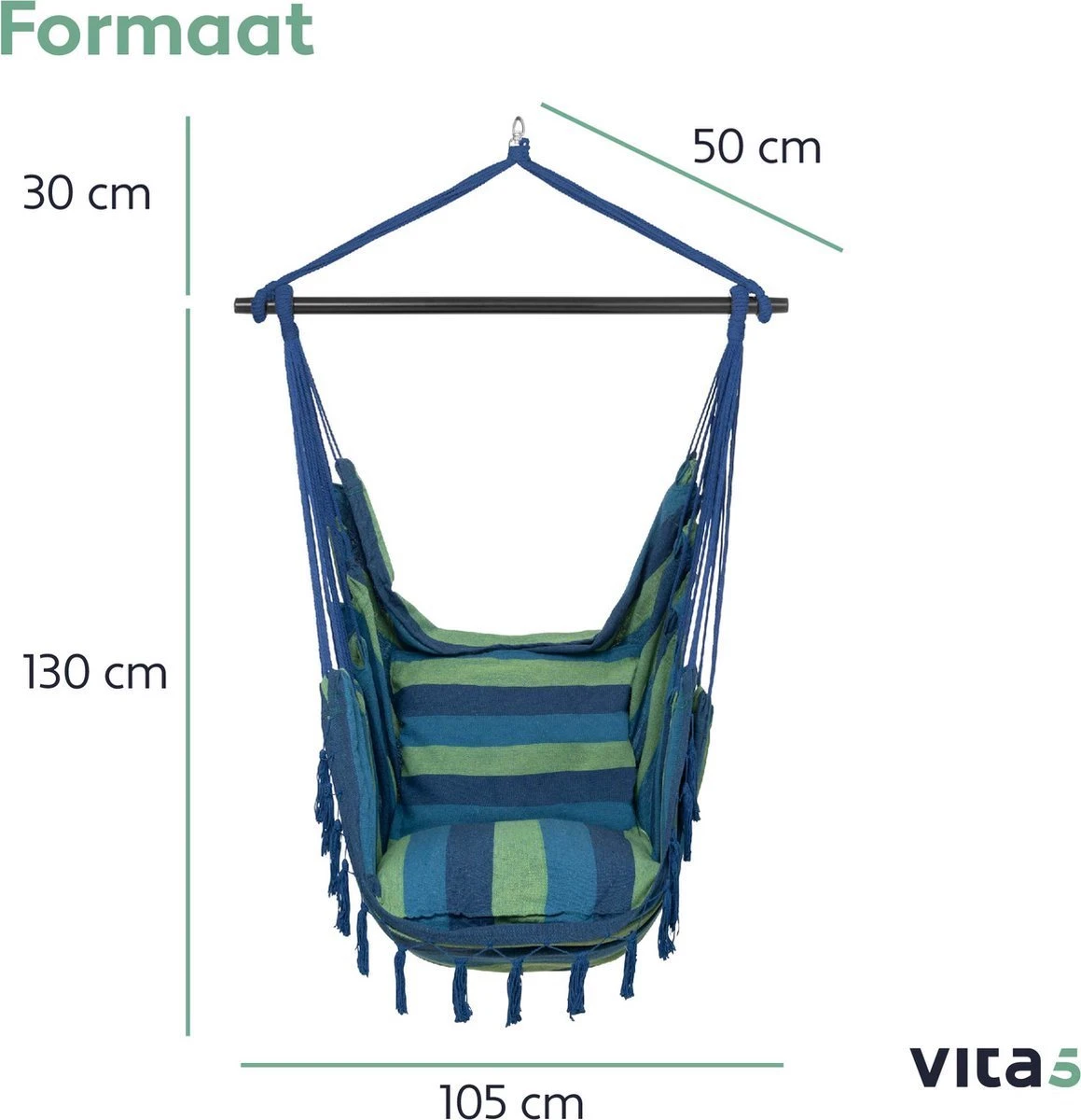 Chaise Suspendue Pour Intérieur Et Extérieur. Avec 2 Coussins, Porte-gobelet Et Bibliothèque - Chaise Suspendue XXL (également Pour Enfants). Chargable Jusqu'à 150 Kg (Blauw/ Vert) 10 Chaise Suspendue Pour Intérieur Et Extérieur. Avec 2 Coussins, Porte-gobelet Et Bibliothèque - Chaise Suspendue XXL (également Pour Enfants). Chargable Jusqu'à 150 Kg (Blauw/ Vert) – Image 10