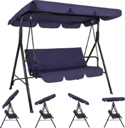 Banc De Balançoire Springos | Luna-Balançoire | 3 Places | Imperméable à L'eau | Comprend 2 Coussins | Auvent Réglable | 170 X 110 X 150 Cm | Bleu Marine -Jardin Meubles Magasin 1168x1200 1