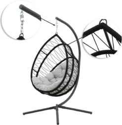 NATERIAL - OVO Fauteuil Suspendu Avec Structure - Panier Suspendu Intérieur Et Outdoor - 160 Kg MAX - Structure En Acier - Gris - Anthracite - 125 X 100 X 190 Cm - Panier Siège - Panier Suspendu - Fauteuil Suspendu - Oeuf Suspendu -Jardin Meubles Magasin 1171x1200 1