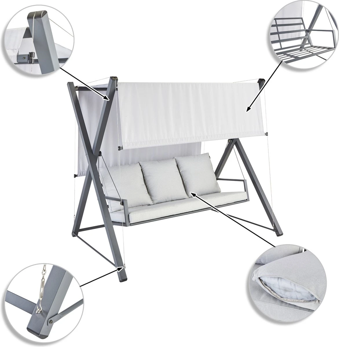 NATERIAL - Balançoire De Jardin ODYSSEA - Balançoire 3 Places - Store Coulissant - Avec Coussins - Acier - Grijs Et Gris Clair - Banc Balançoire - Balançoire Hollywood 6 NATERIAL - Balançoire De Jardin ODYSSEA - Balançoire 3 Places - Store Coulissant - Avec Coussins - Acier - Grijs Et Gris Clair - Banc Balançoire - Balançoire Hollywood – Image 6