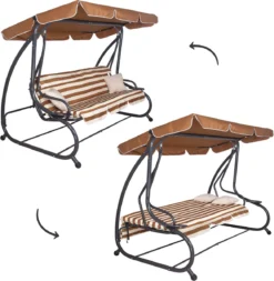 Banc De Balançoire Springos | Luna-Balançoire | 4 Places | Imperméable à L'eau | Comprend 2 Coussins | Auvent Réglable | 230 X 130 X 162 Cm | Marron/ Wit/ Grijs -Jardin Meubles Magasin 1173x1200