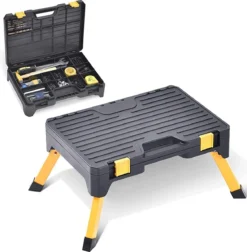 Tabouret D'atelier Kingrack Avec Boîte à Outils, Marchepied 2 En 1 Pliable, Avec Tapis En Caoutchouc Antidérapant, Lic