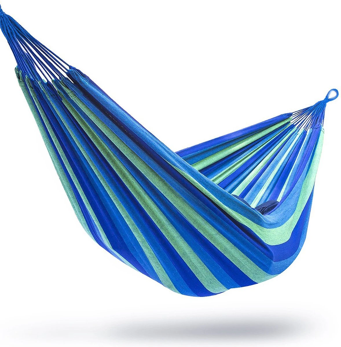 Hamac XL - 2 Personnes - Hamac Double En Toile Robuste - Blauw - Vert - Rayé - Dans Un Sac De Rangement + Cordes De Fixation - Résistant Aux Intempéries - Hamac - Plein Air - Camping - Été - 4 Hamac XL - 2 Personnes - Hamac Double En Toile Robuste - Blauw - Vert - Rayé - Dans Un Sac De Rangement + Cordes De Fixation - Résistant Aux Intempéries - Hamac - Plein Air - Camping - Été - – Image 4