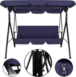 Banc De Balançoire Springos | Luna-Balançoire | 3 Places | Imperméable à L'eau | Comprend 2 Coussins | Auvent Réglable | 170 X 110 X 150 Cm | Bleu Marine -Jardin Meubles Magasin 1179x1200 1