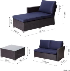 Teamson Home Mobilier De Jardin D'extérieur, Ensemble De 3 Canapés Sectionnels En Osier De Rotin Avec Canapé 2 Places, Chaise Longue, Table Et Coussins, Marron/ Blauw -Jardin Meubles Magasin 1180x1200 18