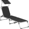 Chaise Longue Nancy's Columbine - Chaise Longue De Jardin - Chaise Longue - Toit Ouvrant - Protection Solaire -soleil - Dossier Réglable - Pliable - Zwart - Argent - 55 X 193 X 31 Cm