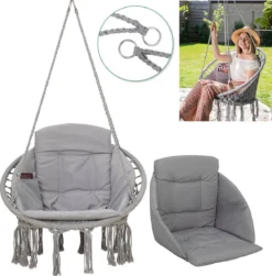 Chaise Suspendue Pour Intérieur Et Extérieur. Avec Oreiller, Porte-gobelet, Compartiment Livre Et Housse De Protection Chaise Suspendue Macramé Basket Pour Adultes Et Enfants. Peut Supporter Jusqu'à 125 Kg. VITA5 (Grijs)