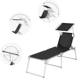Bain De Soleil, Chaise Longue, Chaise De Jardin, Avec Toit Ouvrant, Dossier Réglable, Pliable, Léger, 55 X 193 X 31 Cm, Chargeable Jusqu'à 150 Kg, Jardin, Balcon Et Terrasse, Noir -Jardin Meubles Magasin 1181x1200 4