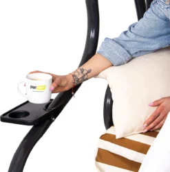 Banc De Balançoire Springos | Luna-Balançoire | 4 Places | Imperméable à L'eau | Comprend 2 Coussins | Auvent Réglable | 230 X 130 X 162 Cm | Marron/ Wit/ Grijs -Jardin Meubles Magasin 1183x1200