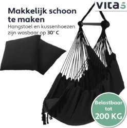 Chaise Suspendue Vita5 Egg - Intérieur Et Extérieur - Chaise Cocoon - Avec Support - Jusqu'à 150 Kg - Pliable - Incl. Coussin & Housse De Protection – Zwart -Jardin Meubles Magasin 1184x1200 3