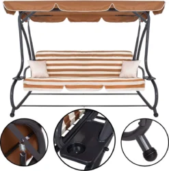 Banc De Balançoire Springos | Luna-Balançoire | 4 Places | Imperméable à L'eau | Comprend 2 Coussins | Auvent Réglable | 230 X 130 X 162 Cm | Marron/ Wit/ Grijs -Jardin Meubles Magasin 1185x1200 2