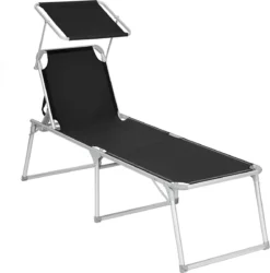 Chaise Longue Signature Home Avec Toit - Chaise Longue - Chaise Longue De Jardin - Aluminium - Grande - Chargeable Jusqu'à 150 Kg - Dossier Réglable - Pliable - Jardin - Balcon - Terrasse - Noir - 65 X 200 X 48 Cm