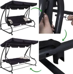 Banc De Balançoire Springos | Luna-Balançoire | 3 Places | Imperméable à L'eau | Comprend 2 Coussins | Auvent Réglable | 162 X 200 X 120 Cm | Noir -Jardin Meubles Magasin 1186x1200 1