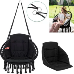 Chaise Suspendue Pour Intérieur Et Extérieur. Avec Oreiller, Porte-gobelet, Compartiment Livre Et Housse De Protection Chaise Suspendue Macramé Basket Pour Adultes Et Enfants. Peut Supporter Jusqu'à 125 Kg. VITA5 (Zwart)