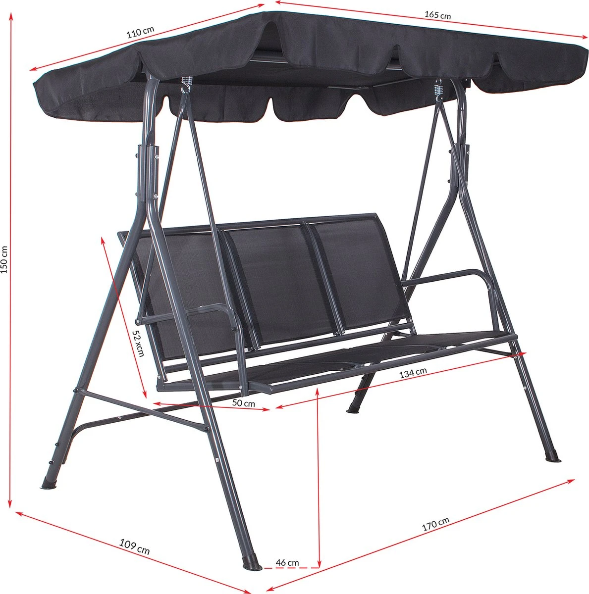 Banc De Balançoire Springos | Fiona-Swing | 3 Places | Imperméable à L'eau | Auvent Réglable | 150 X 170 X 109 Cm | Noir 2 Banc De Balançoire Springos | Fiona-Swing | 3 Places | Imperméable à L'eau | Auvent Réglable | 150 X 170 X 109 Cm | Noir – Image 2